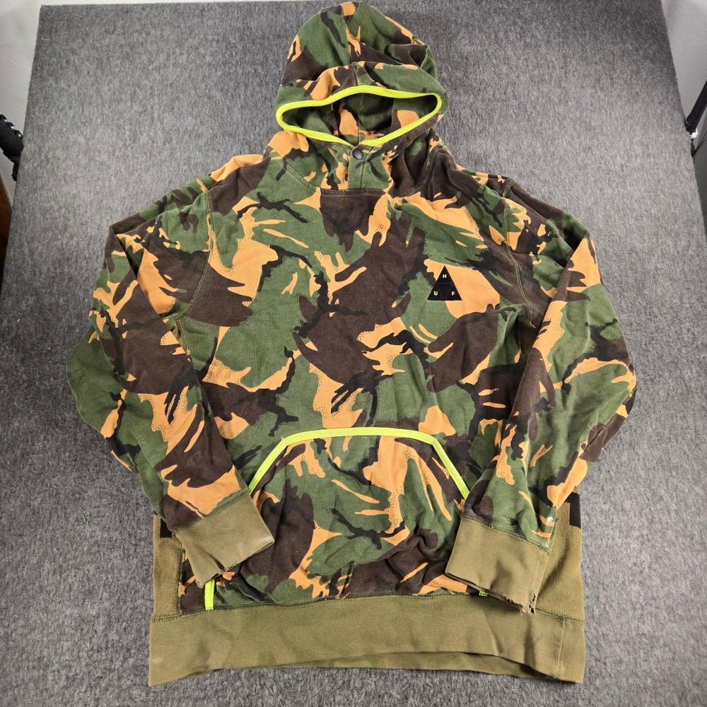 HUF Camo Hoodie Mens Medium Green Distressed Skate Streetwear‎ Grunge